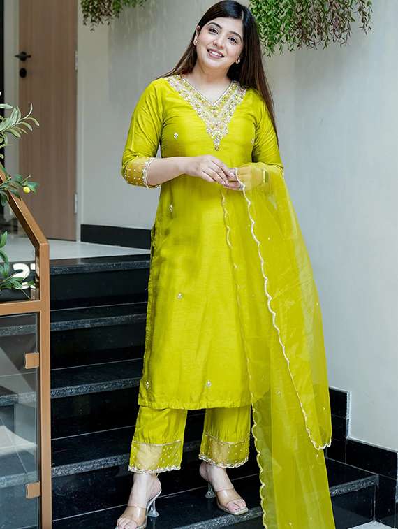 women solid with work three quarter sleeve kurta pant with dupatta set - 22253594 -  Standard Image - 1
