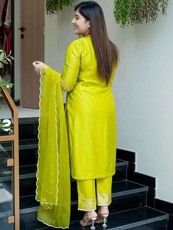 women solid with work three quarter sleeve kurta pant with dupatta set - 22253594 -  Standard Image - 4