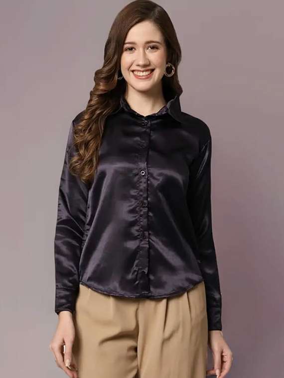 women solid collared long sleeve shirt