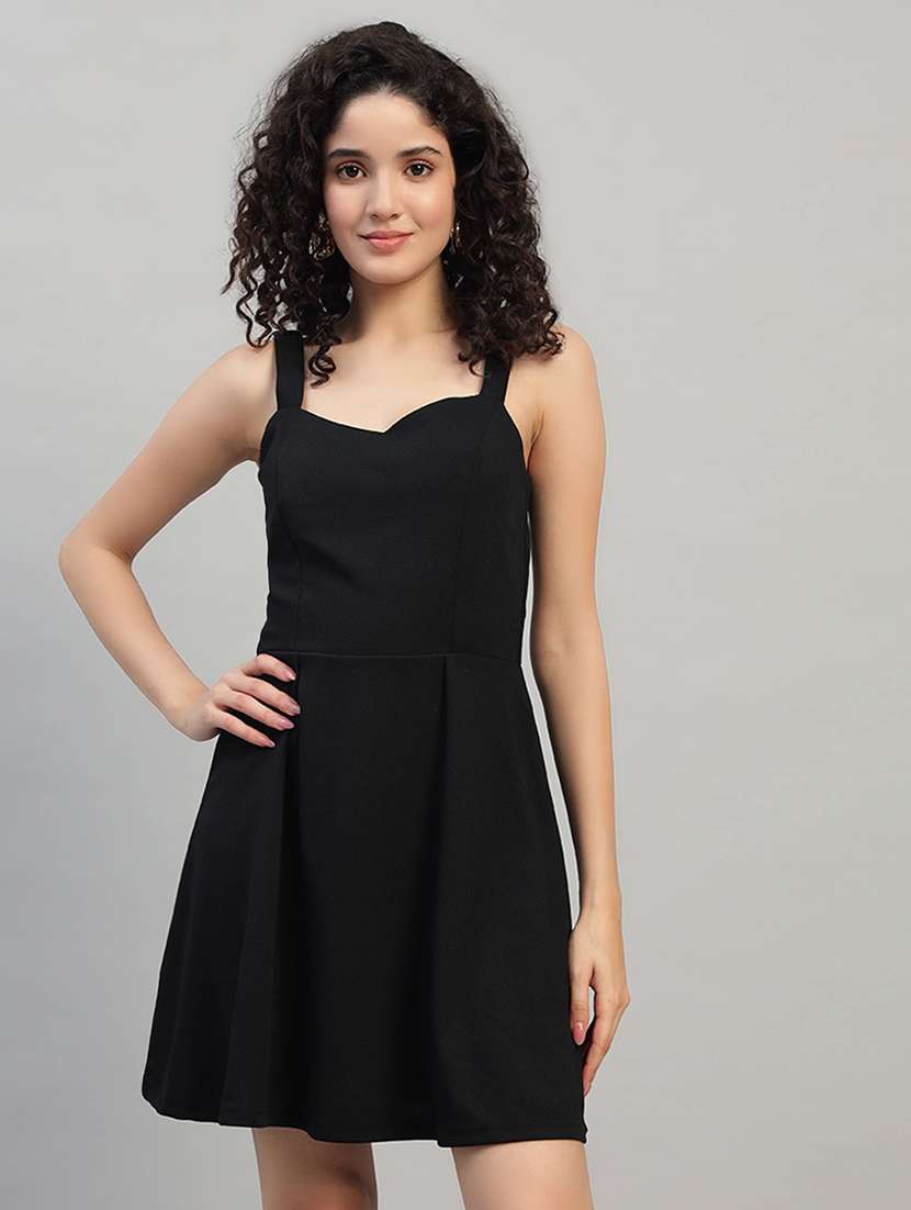 women solid shoulder strap fit and flare dress