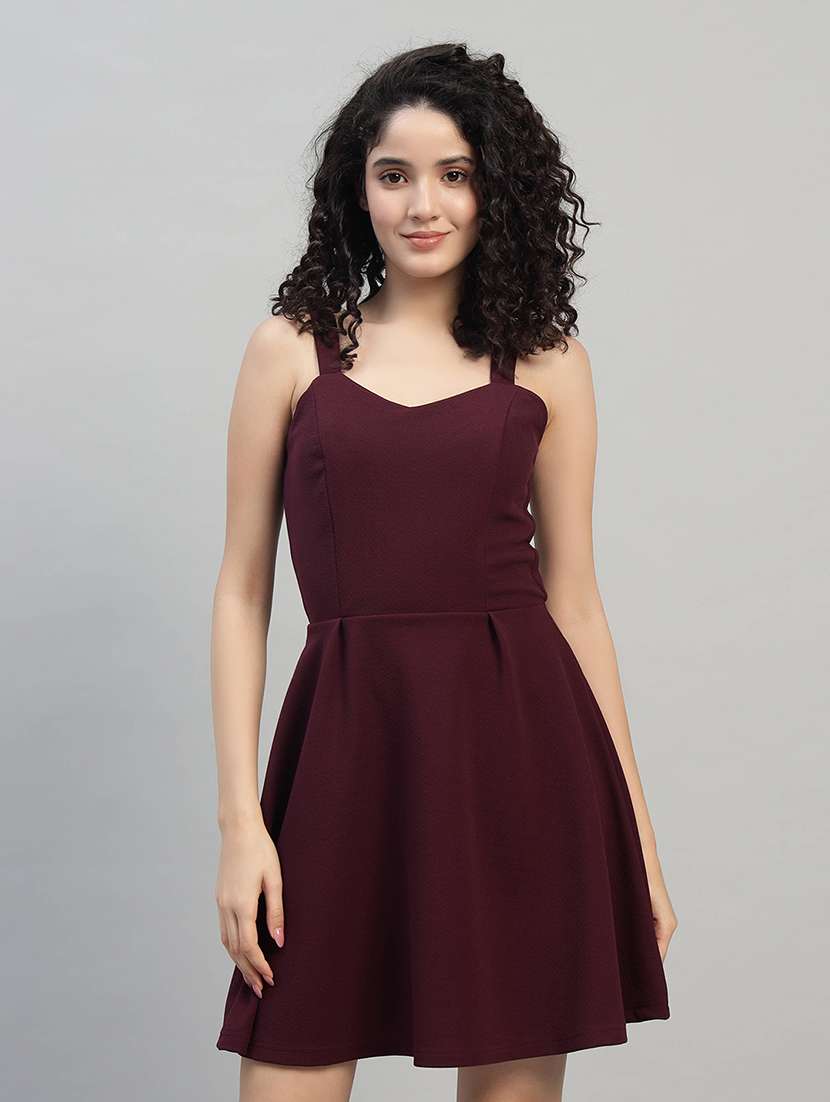 women solid shoulder strap fit and flare dress