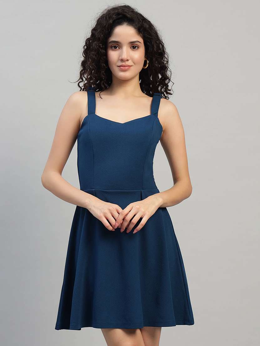 women solid shoulder strap fit and flare dress