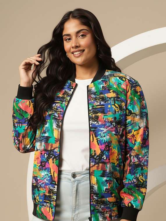 women plus size printed long sleeve biker jacket - 22253658 -  Standard Image - 1