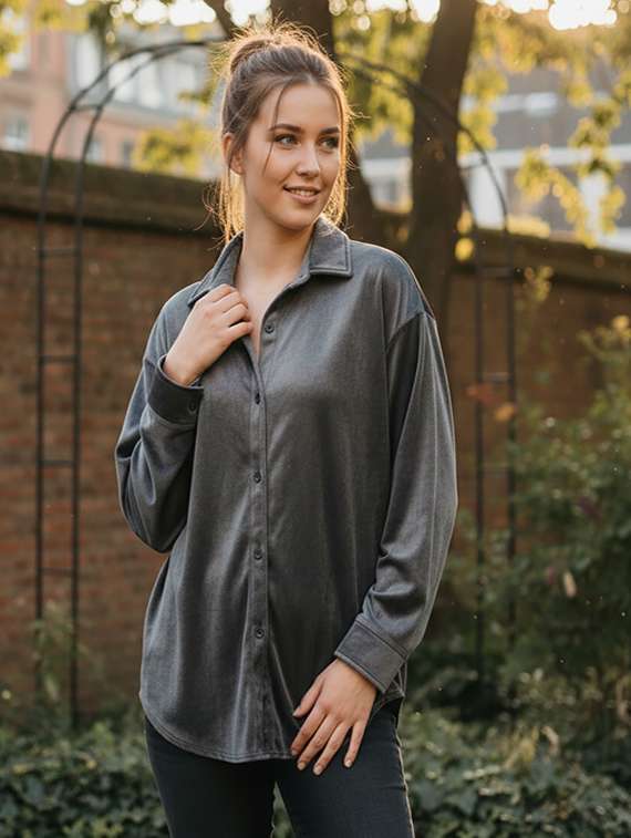 women solid collared long sleeve shirt