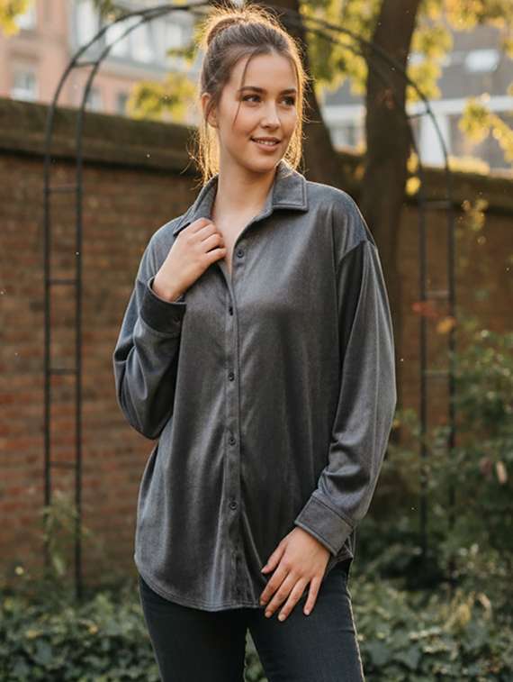 women solid collared long sleeve shirt - 22253733 -  Standard Image - 1