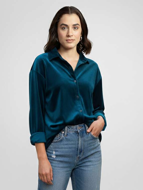 women solid collared long sleeve shirt