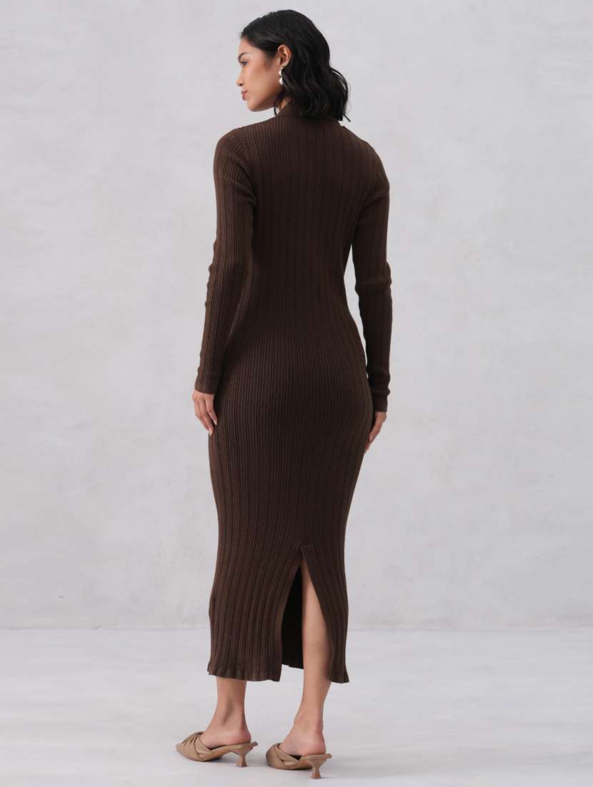 women solid long sleeve collared bodycon dress - 22253769 -  Standard Image - 4