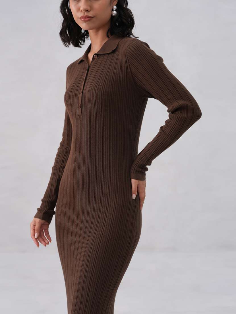 women solid long sleeve collared bodycon dress - 22253769 -  Standard Image - 6