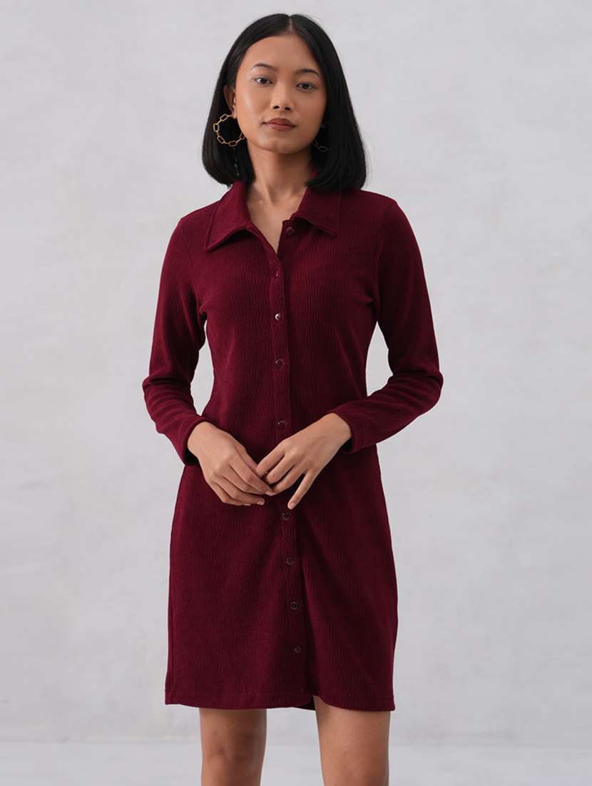 women solid collared long sleeve shirt dress