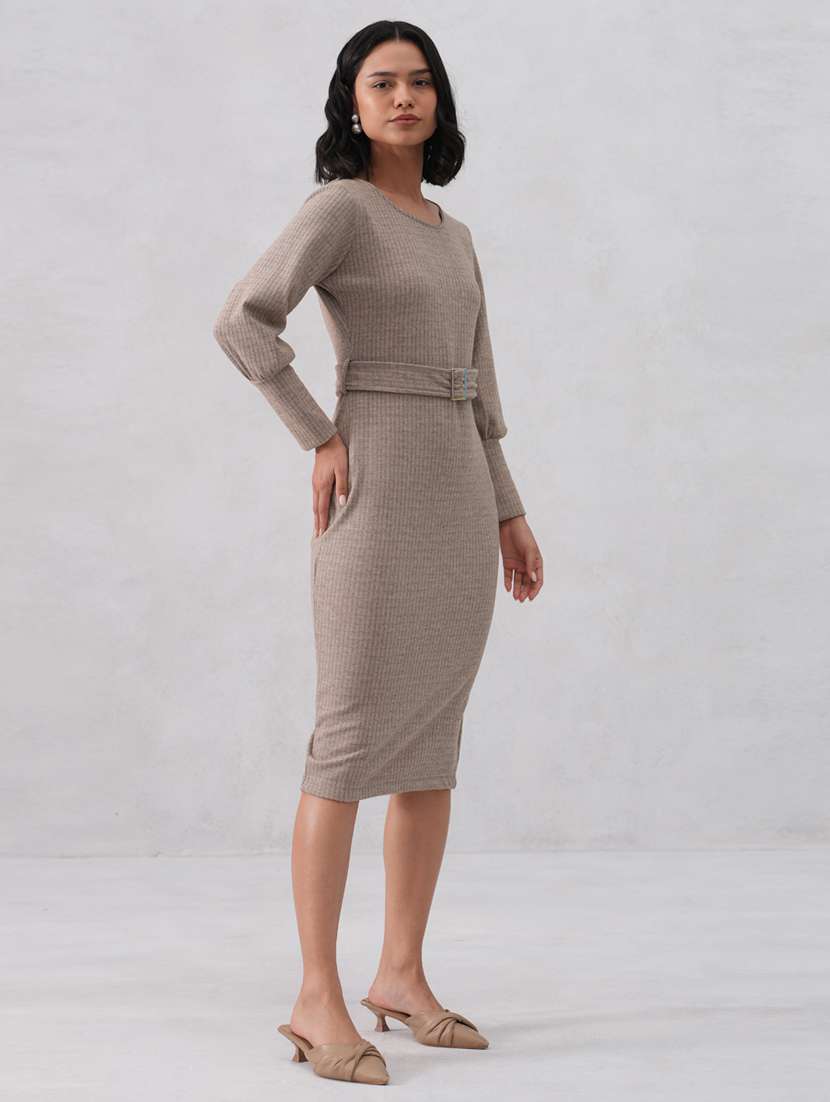 women solid long sleeve belted bodycon dress - 22253772 -  Standard Image - 1
