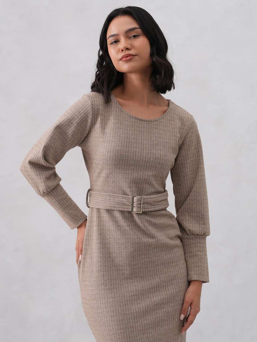 women solid long sleeve belted bodycon dress - 22253772 -  Standard Image - 4