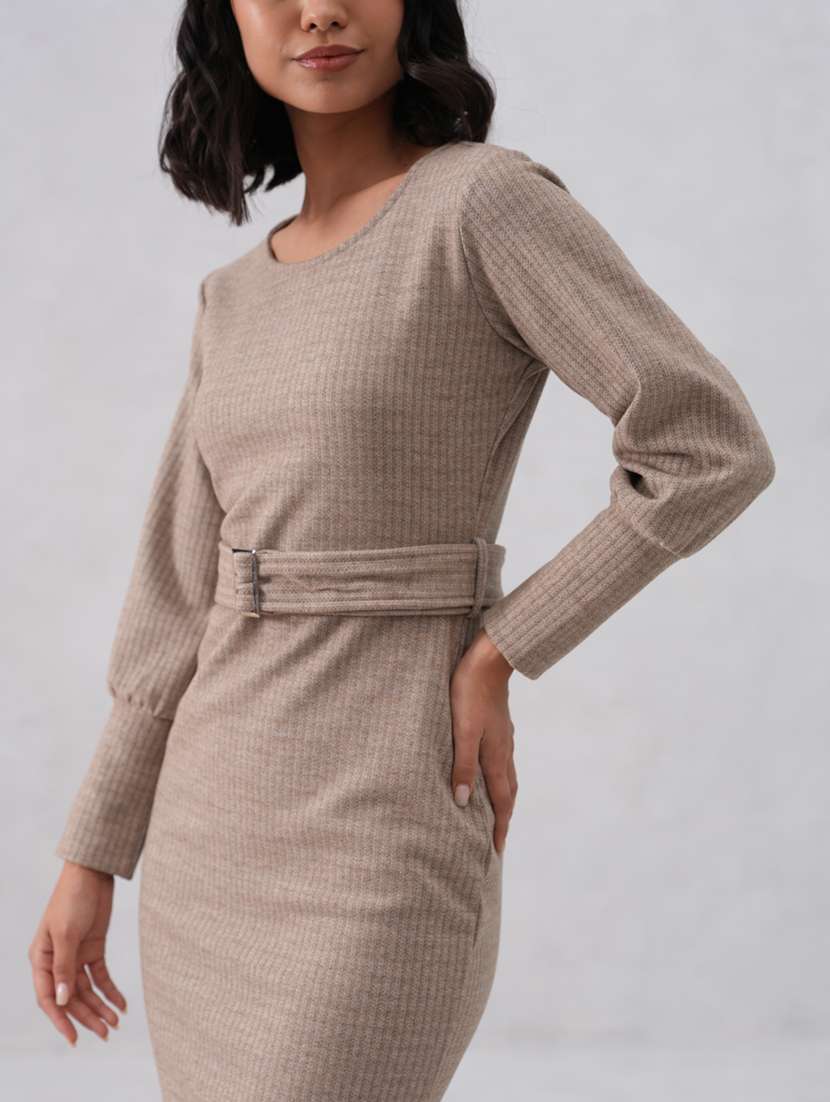 women solid long sleeve belted bodycon dress - 22253772 -  Standard Image - 6