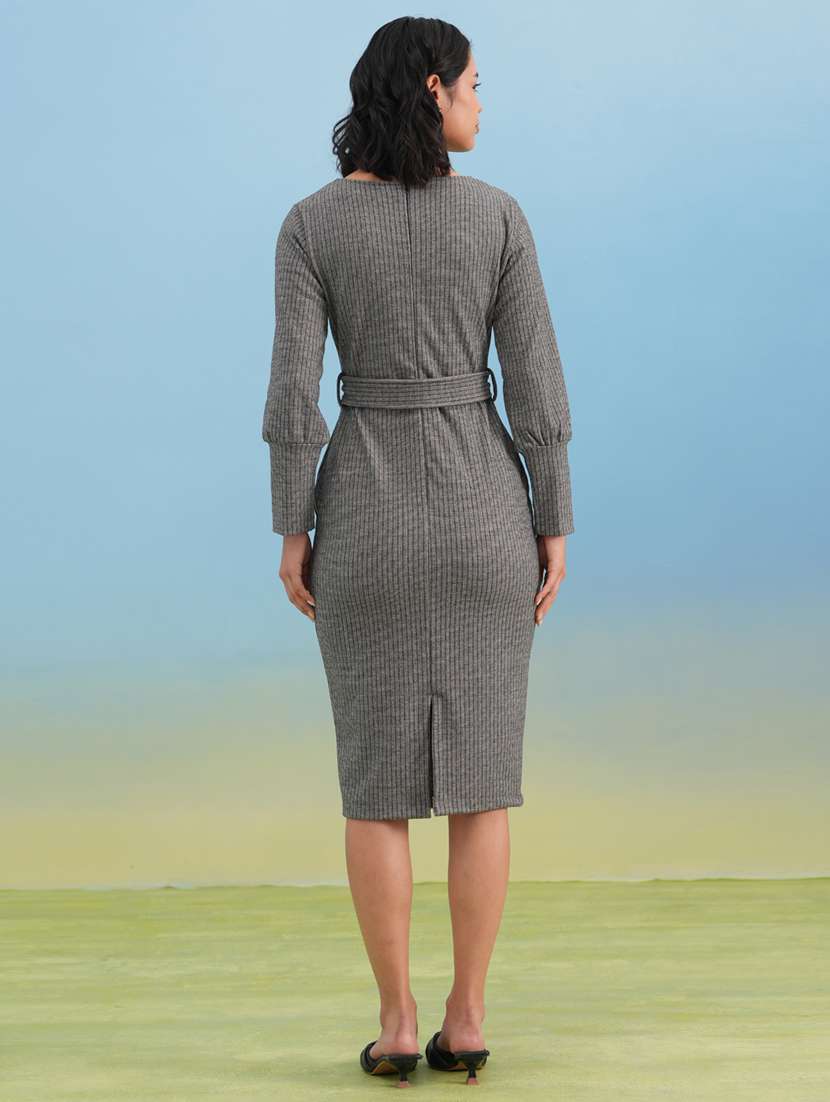 women solid long sleeve belted bodycon dress - 22253773 -  Standard Image - 4