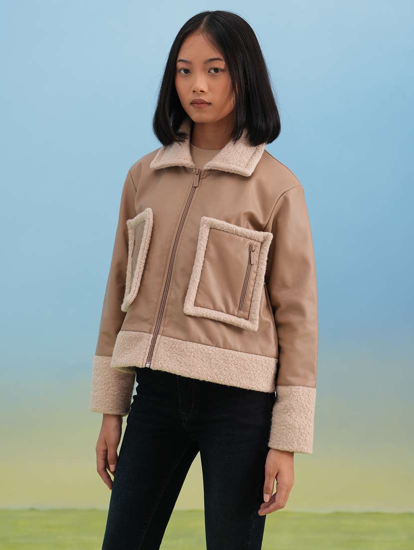 women solid long sleeve leatherette jacket - 22253777 -  Standard Image - 1