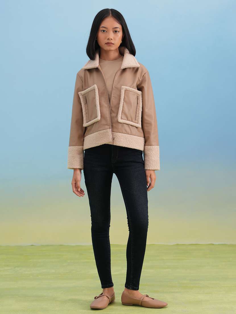 women solid long sleeve leatherette jacket - 22253777 -  Standard Image - 4