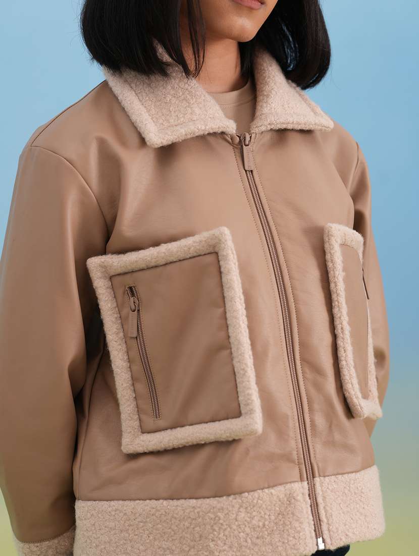 women solid long sleeve leatherette jacket - 22253777 -  Standard Image - 6