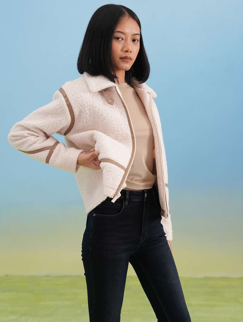 women solid long sleeve collared fur jacket - 22253778 -  Standard Image - 1