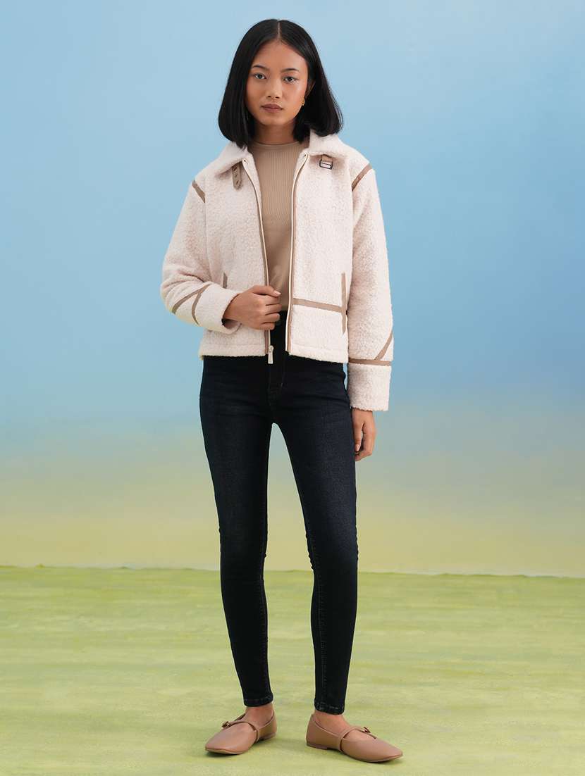 women solid long sleeve collared fur jacket - 22253778 -  Standard Image - 4