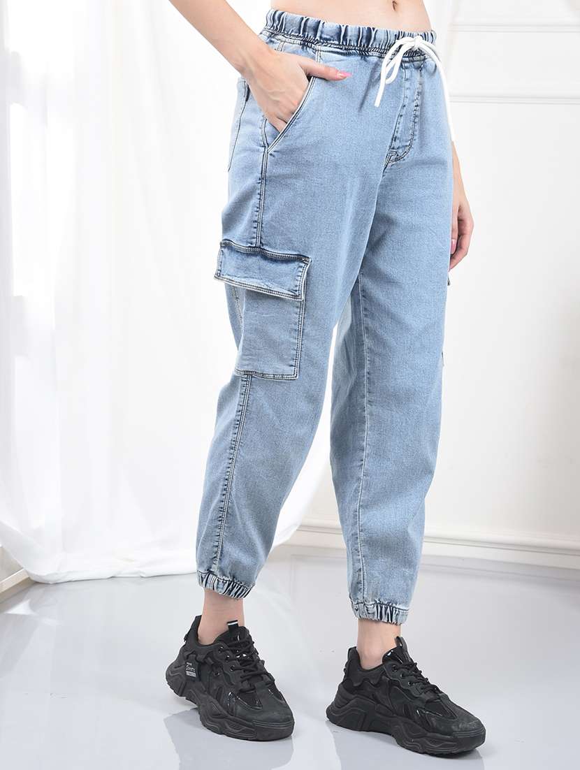 women solid mid rise denim cargo jogger - 22253781 -  Standard Image - 1
