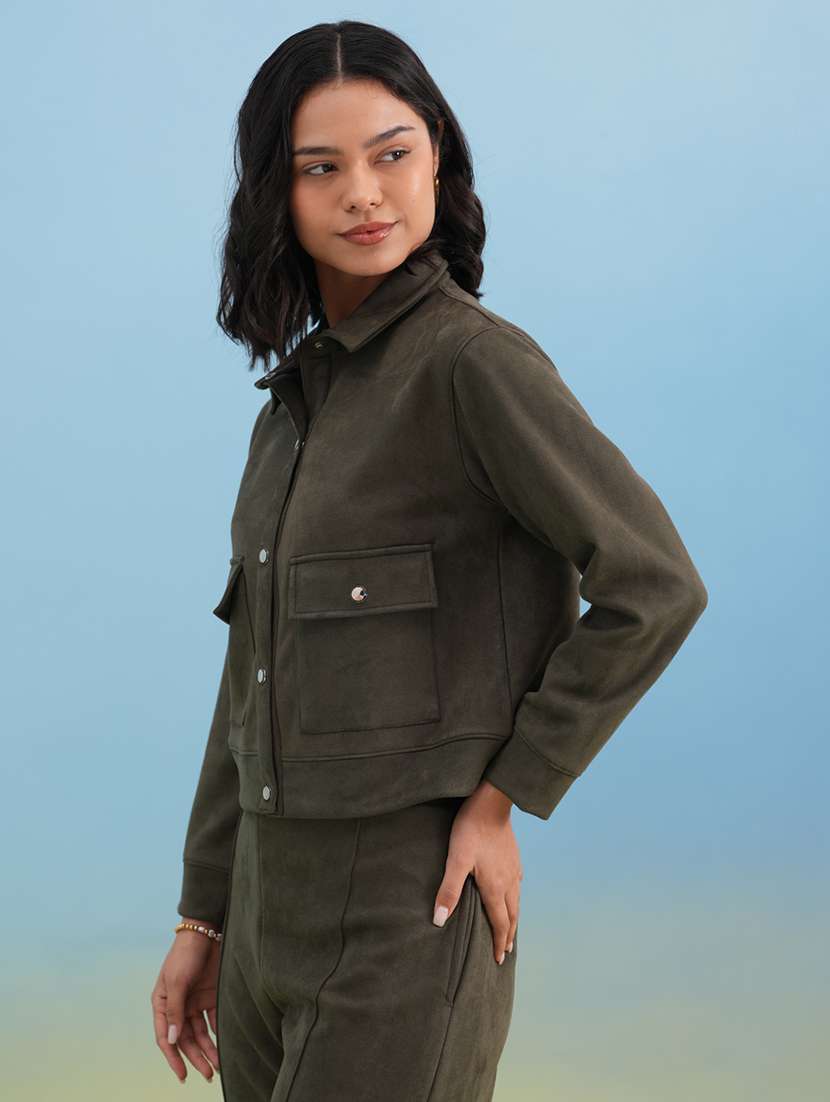 women solid long sleeve collared shacket - 22253784 -  Standard Image - 1