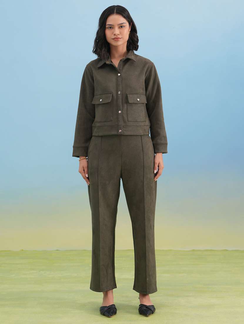 women solid long sleeve collared shacket - 22253784 -  Standard Image - 6