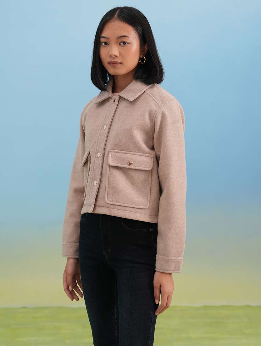 women solid collared long sleeve crop shacket - 22253785 -  Standard Image - 1