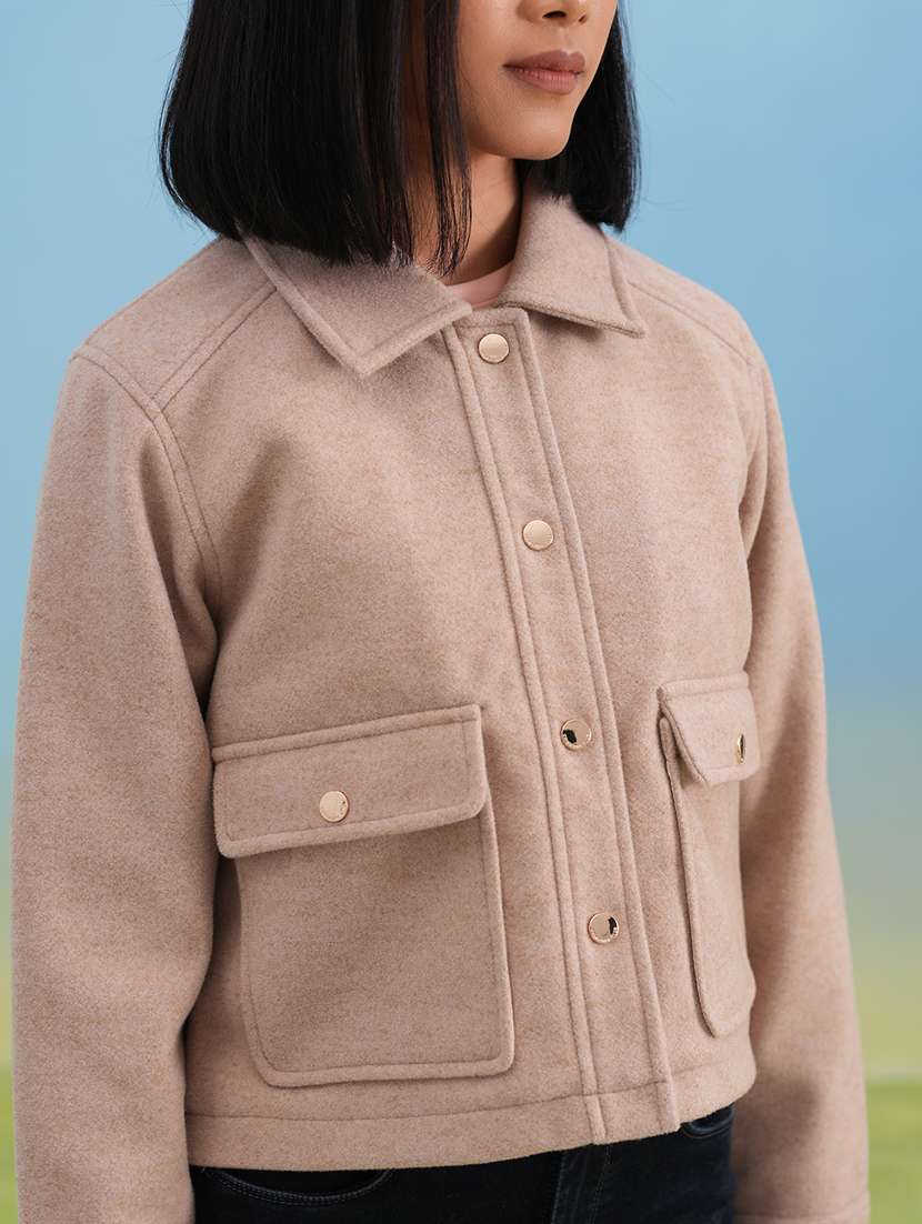 women solid collared long sleeve crop shacket - 22253785 -  Standard Image - 6