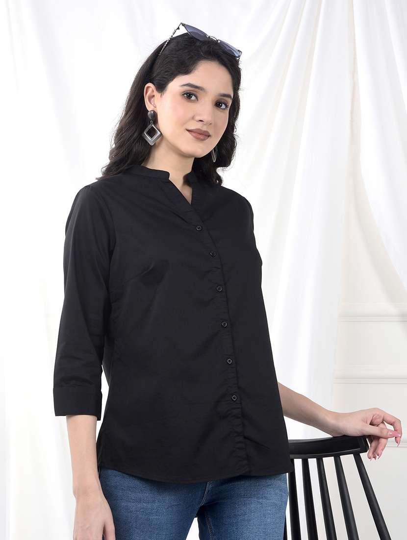 women solid mandarin collared regular fit shirt