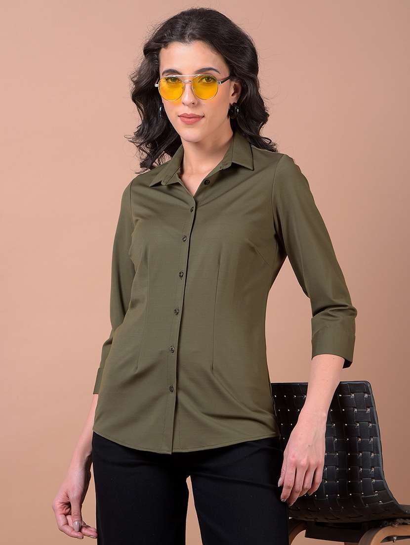 women solid collared slim fit shirt