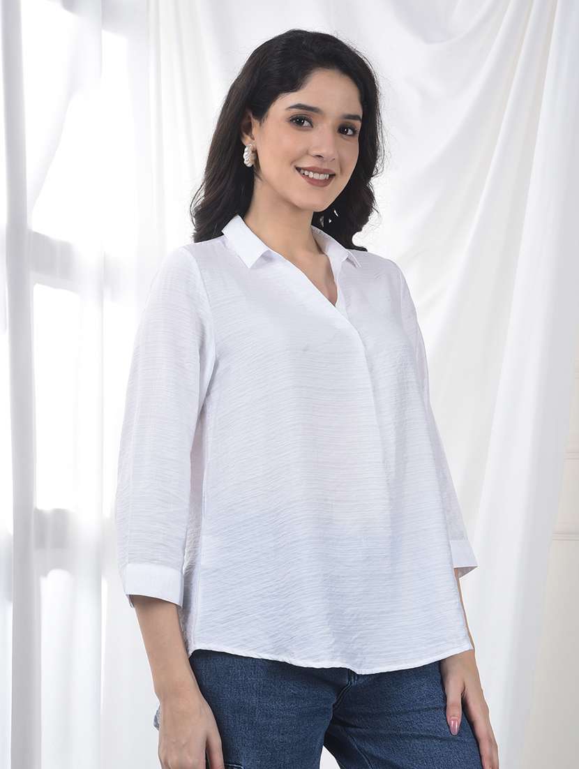 women solid collared three quarter sleeve top - 22253807 -  Standard Image - 1