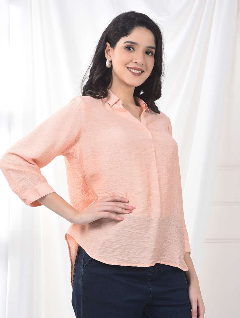 women solid collared three quarter sleeve top - 22253808 -  Standard Image - 1