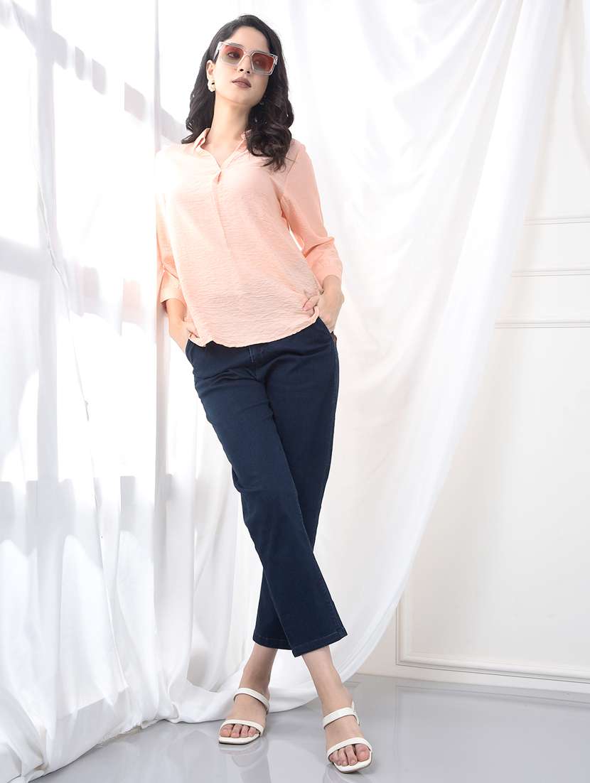 women solid collared three quarter sleeve top - 22253808 -  Standard Image - 4