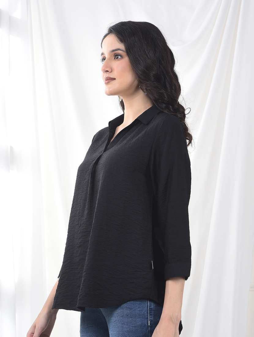 women solid collared three quarter sleeve top - 22253810 -  Standard Image - 1