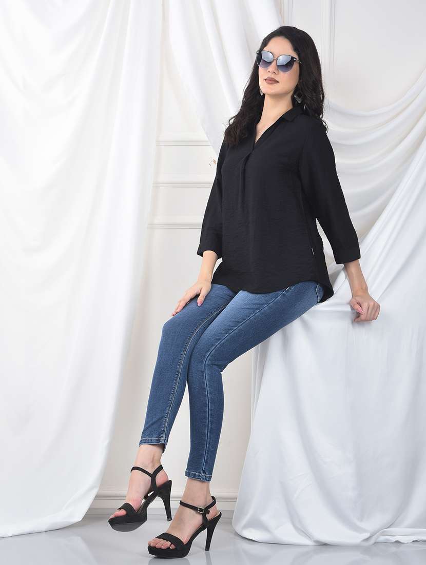 women solid collared three quarter sleeve top - 22253810 -  Standard Image - 4