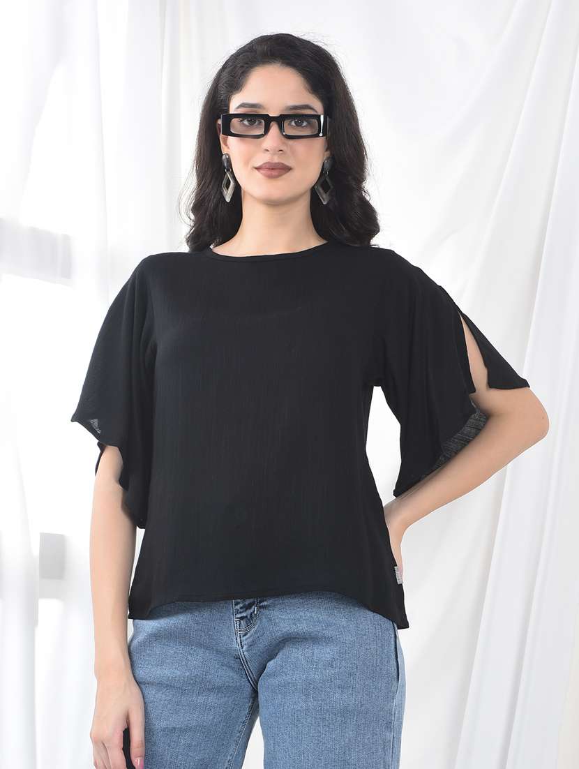 women solid flared sleeve straight top