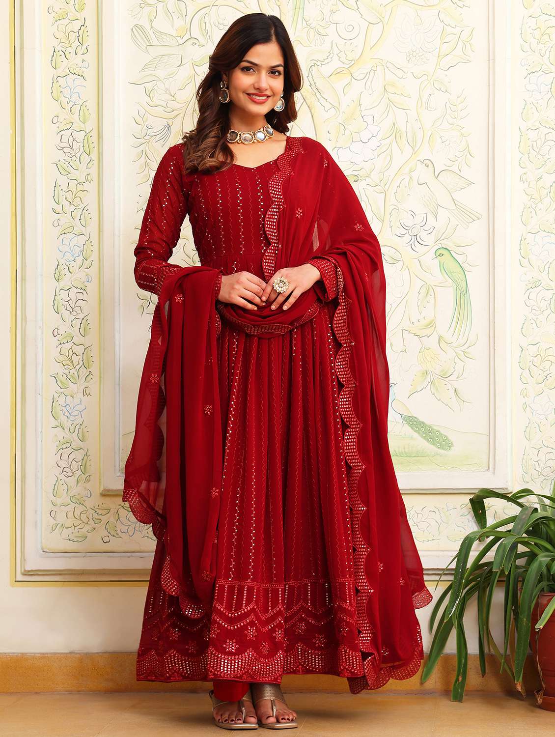 women solid with work long sleeve kurta with dupatta set - 22253889 -  Standard Image - 1