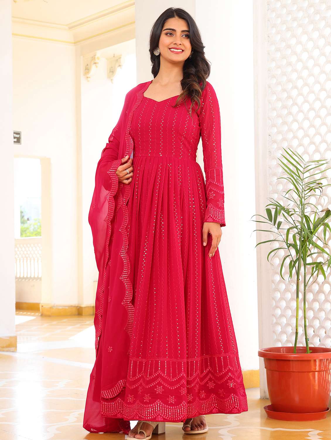 women solid with work long sleeve kurta with dupatta set - 22253890 -  Standard Image - 1