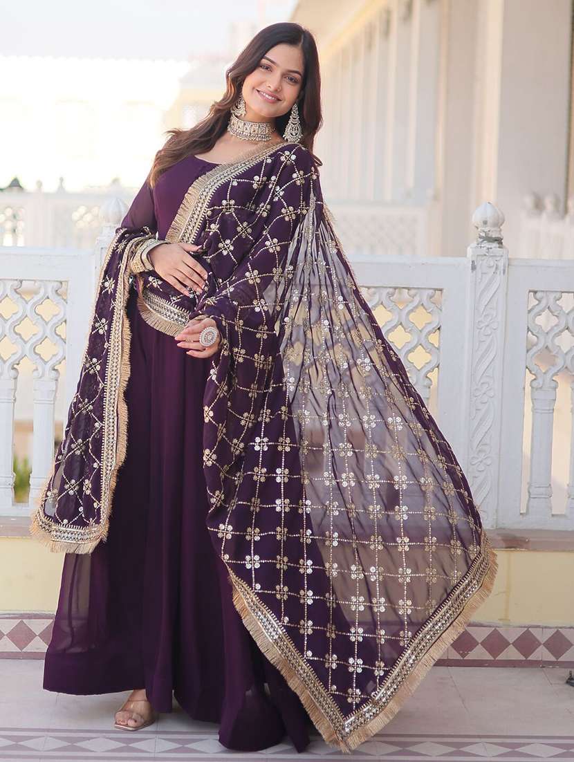 women solid with work long sleeve kurta with dupatta set - 22253915 -  Standard Image - 1