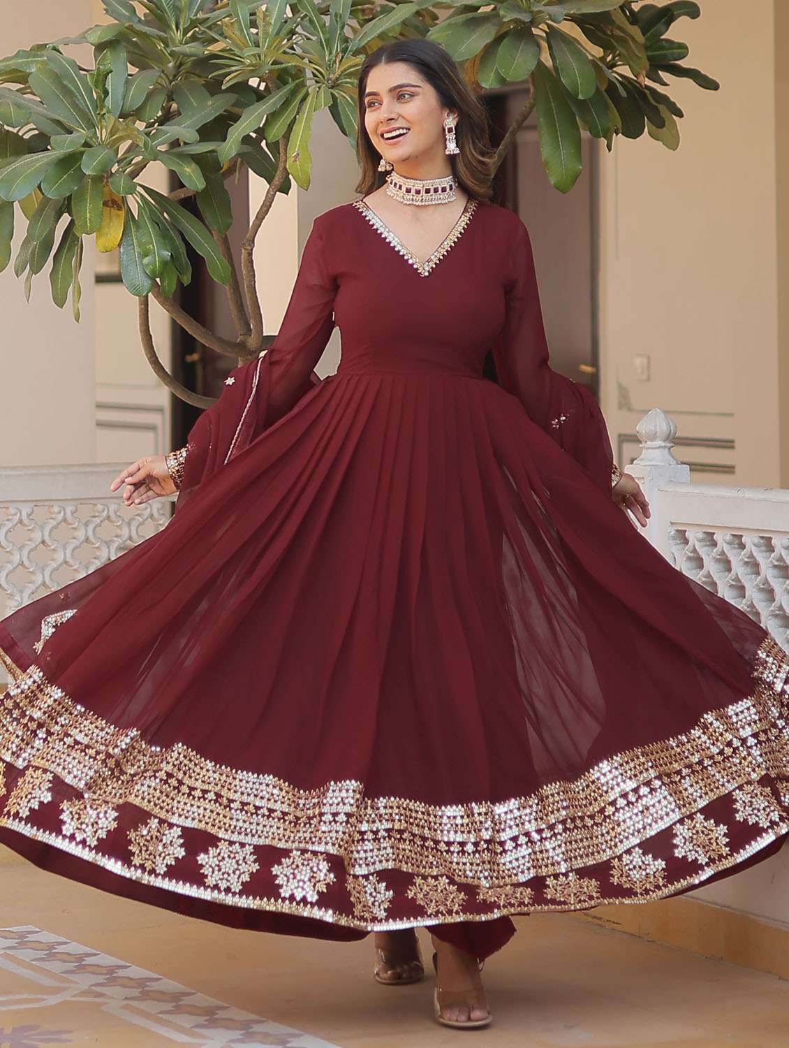 women solid with work long sleeve kurta with dupatta set - 22253916 -  Standard Image - 1