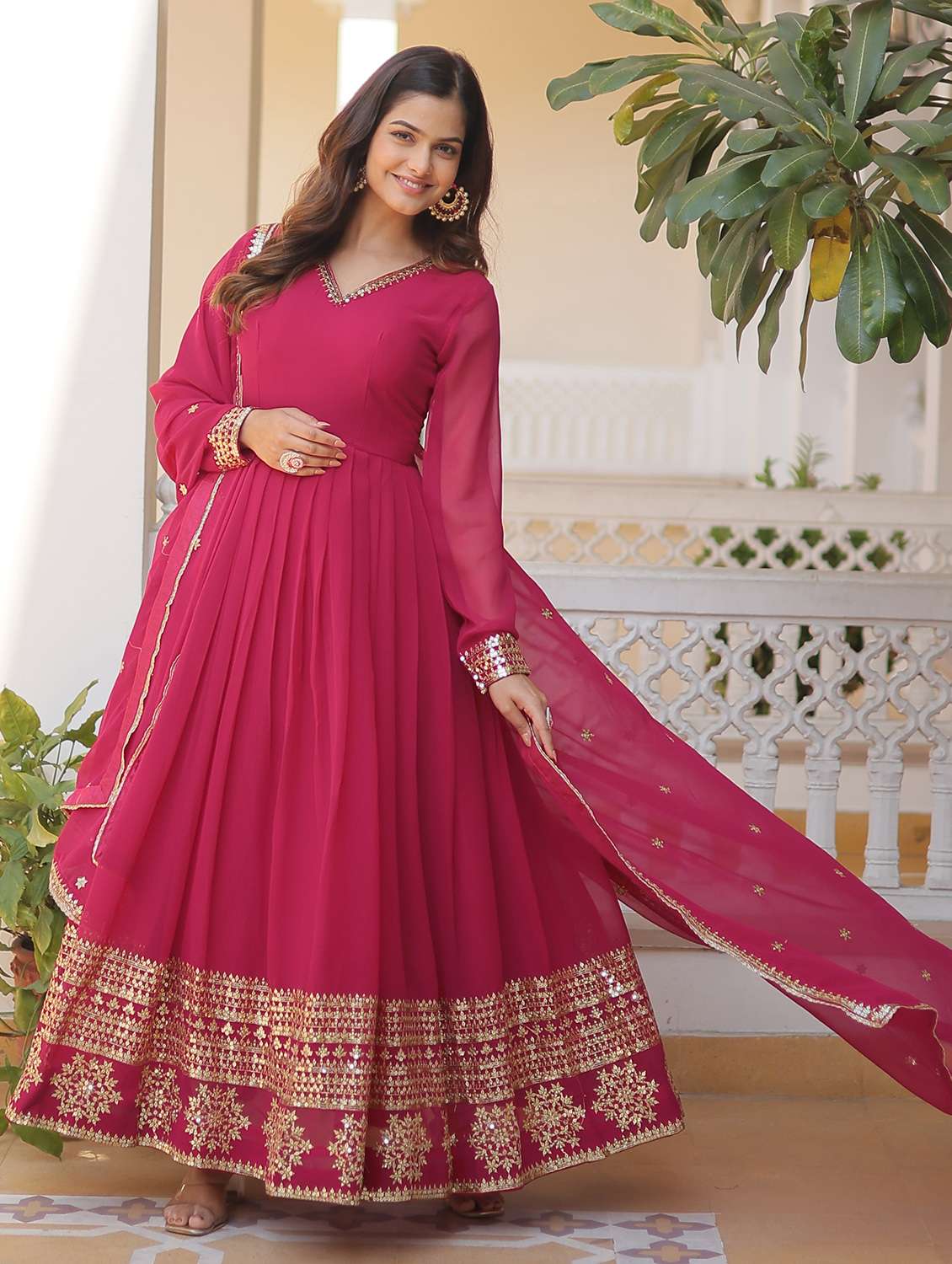 women solid with work long sleeve kurta with dupatta set - 22253917 -  Standard Image - 1