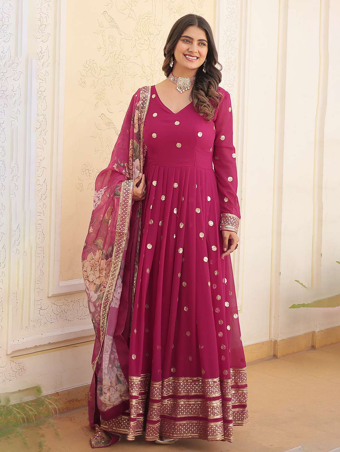 women solid with work long sleeve kurta with dupatta set - 22253919 -  Standard Image - 1