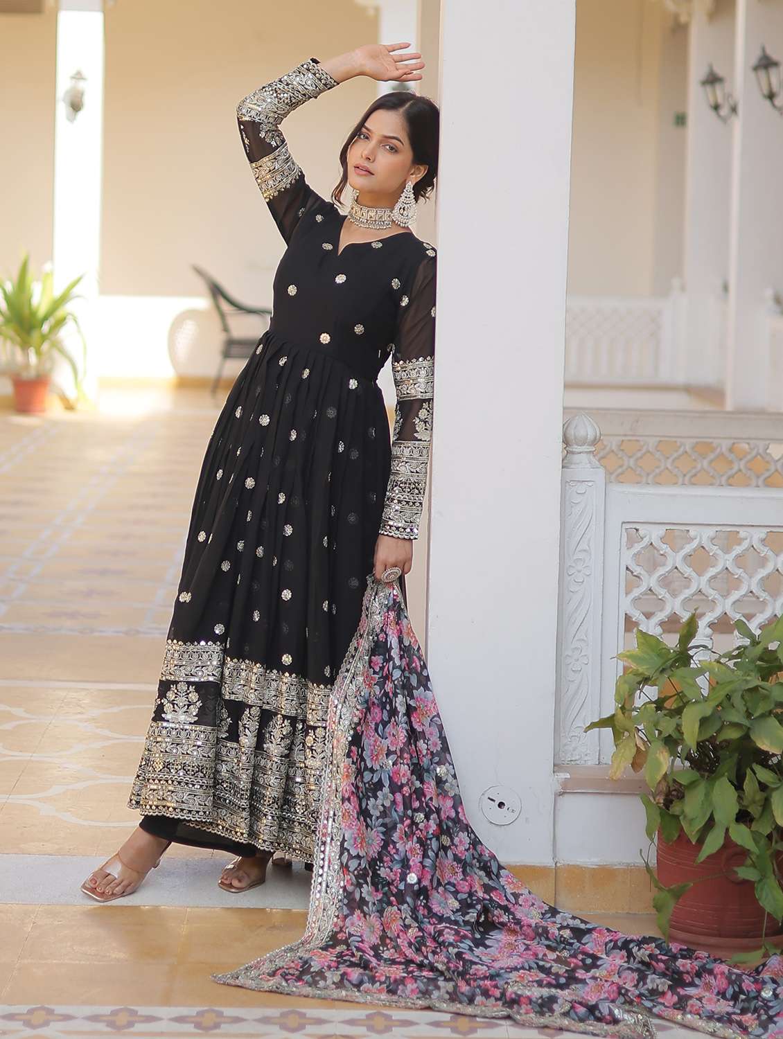 women solid with work long sleeve kurta with dupatta set - 22253925 -  Standard Image - 1