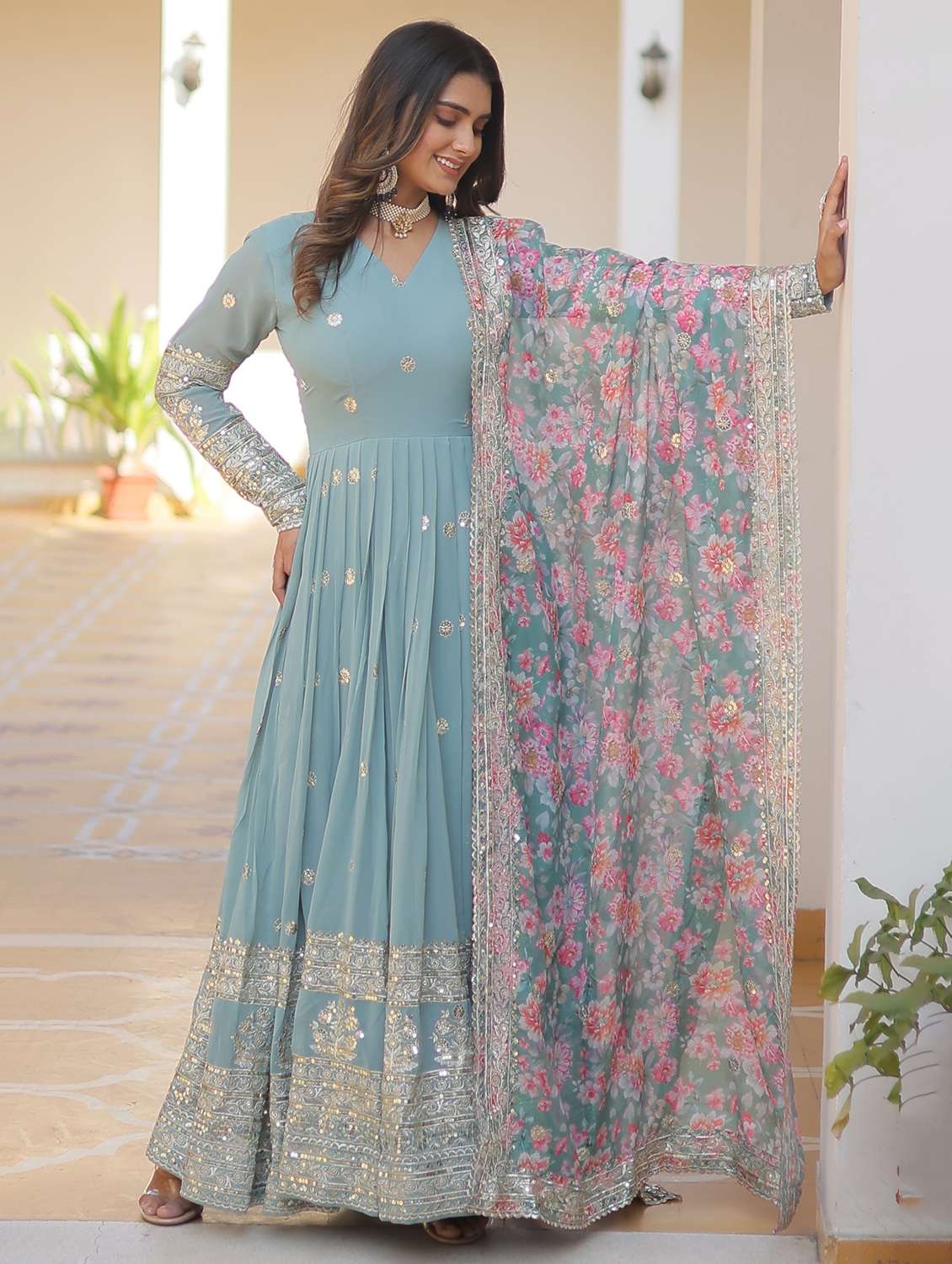 women solid with work long sleeve kurta with dupatta set - 22253927 -  Standard Image - 1