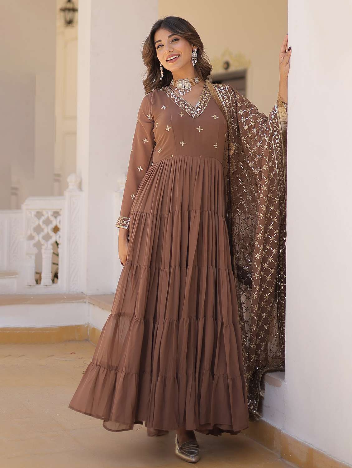 women solid with work long sleeve kurta with dupatta set - 22253935 -  Standard Image - 1