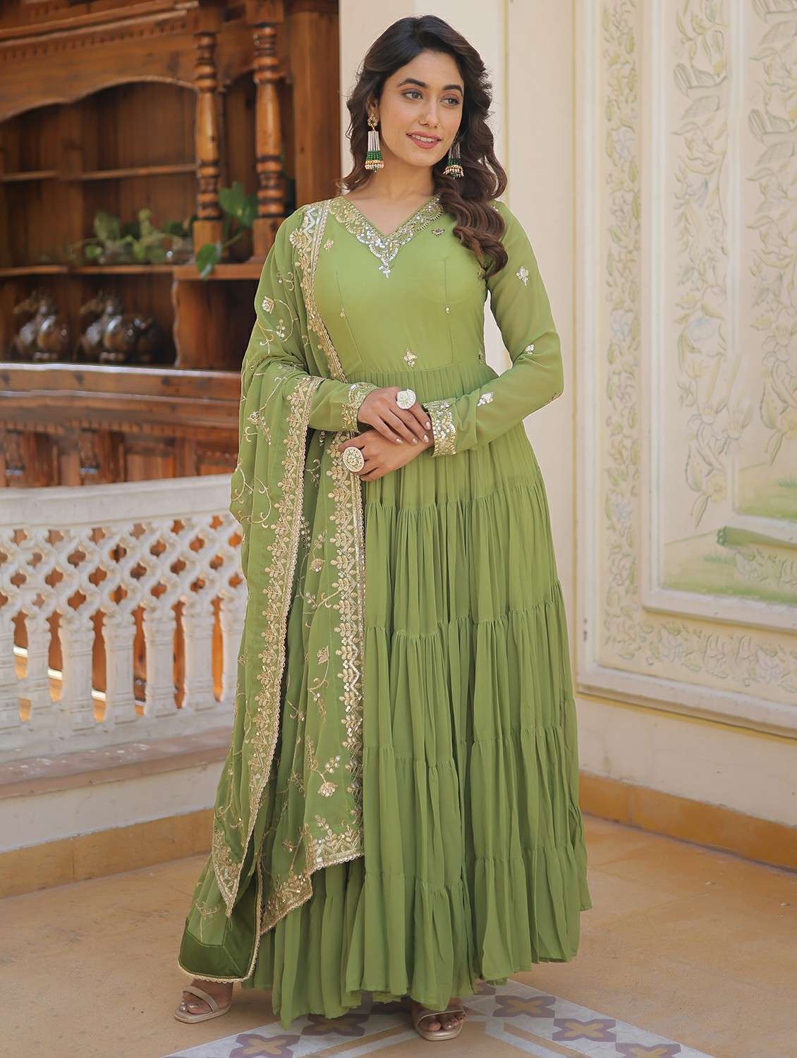 women solid with work long sleeve kurta with dupatta set - 22253939 -  Standard Image - 1