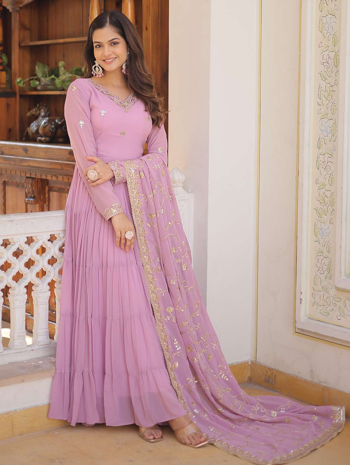 women solid with work long sleeve kurta with dupatta set - 22253940 -  Standard Image - 1