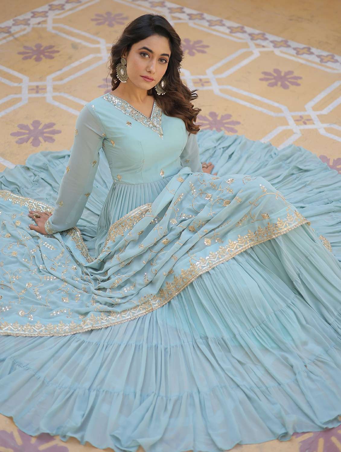 women solid with work long sleeve kurta with dupatta set - 22253941 -  Standard Image - 1