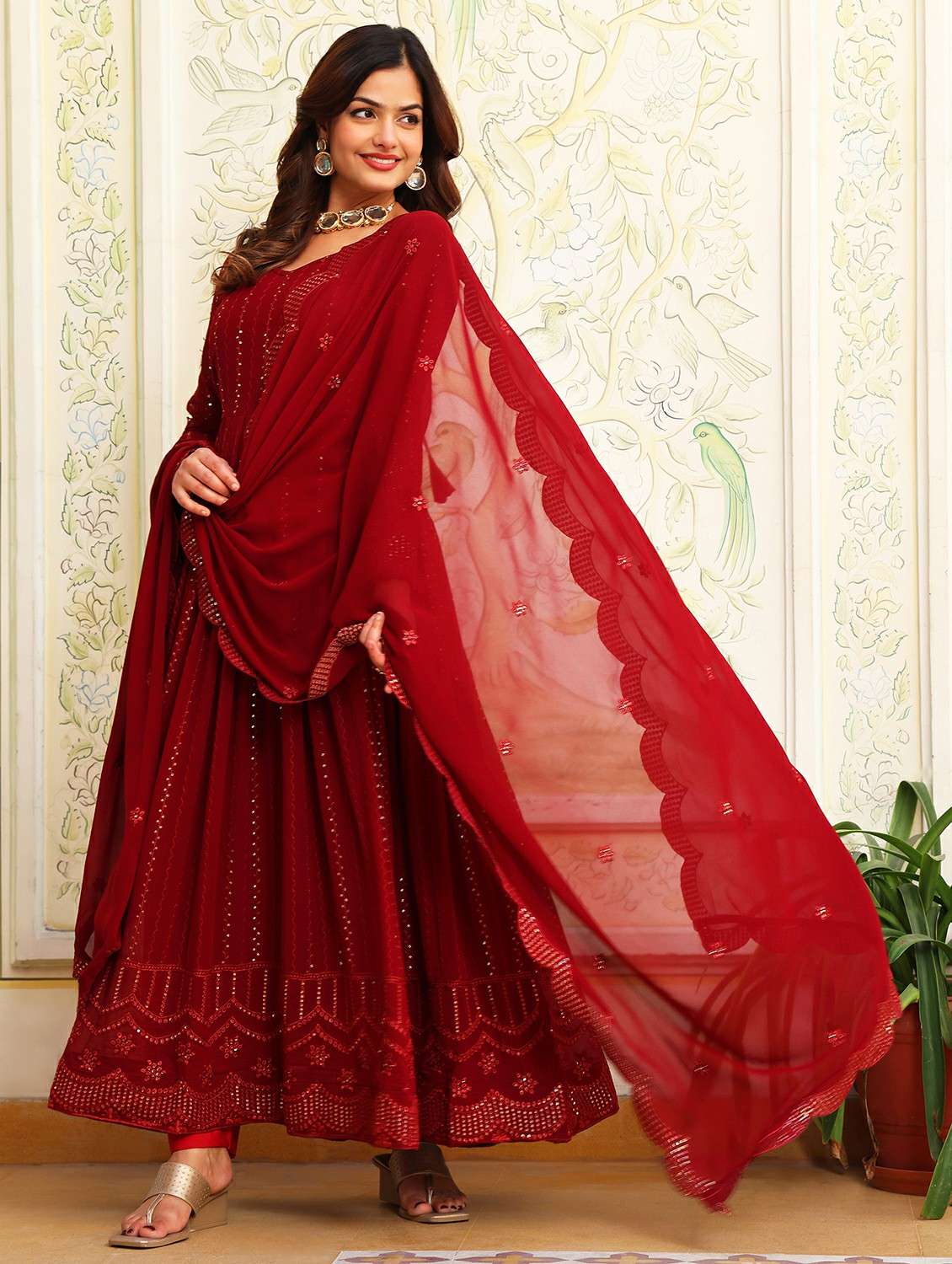 women solid with work long sleeve kurta with dupatta set - 22253943 -  Standard Image - 1