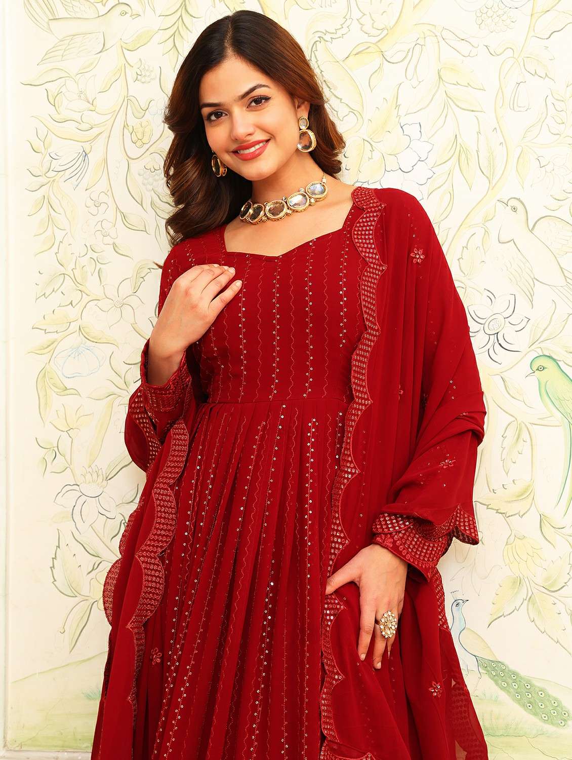 women solid with work long sleeve kurta with dupatta set - 22253943 -  Standard Image - 4