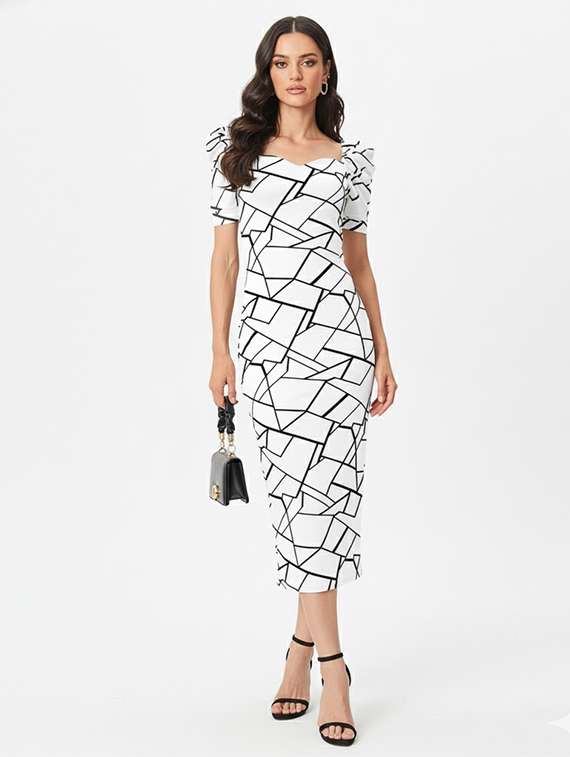 women printed puff sleeve bodycon dress